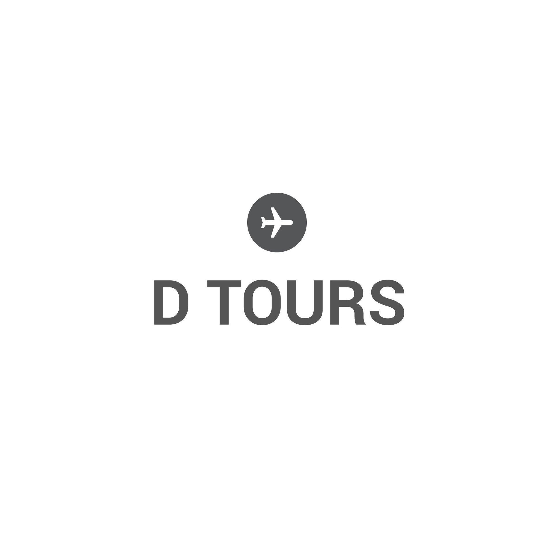 Gray logo for D Tours featuring a small airplane icon above the text.