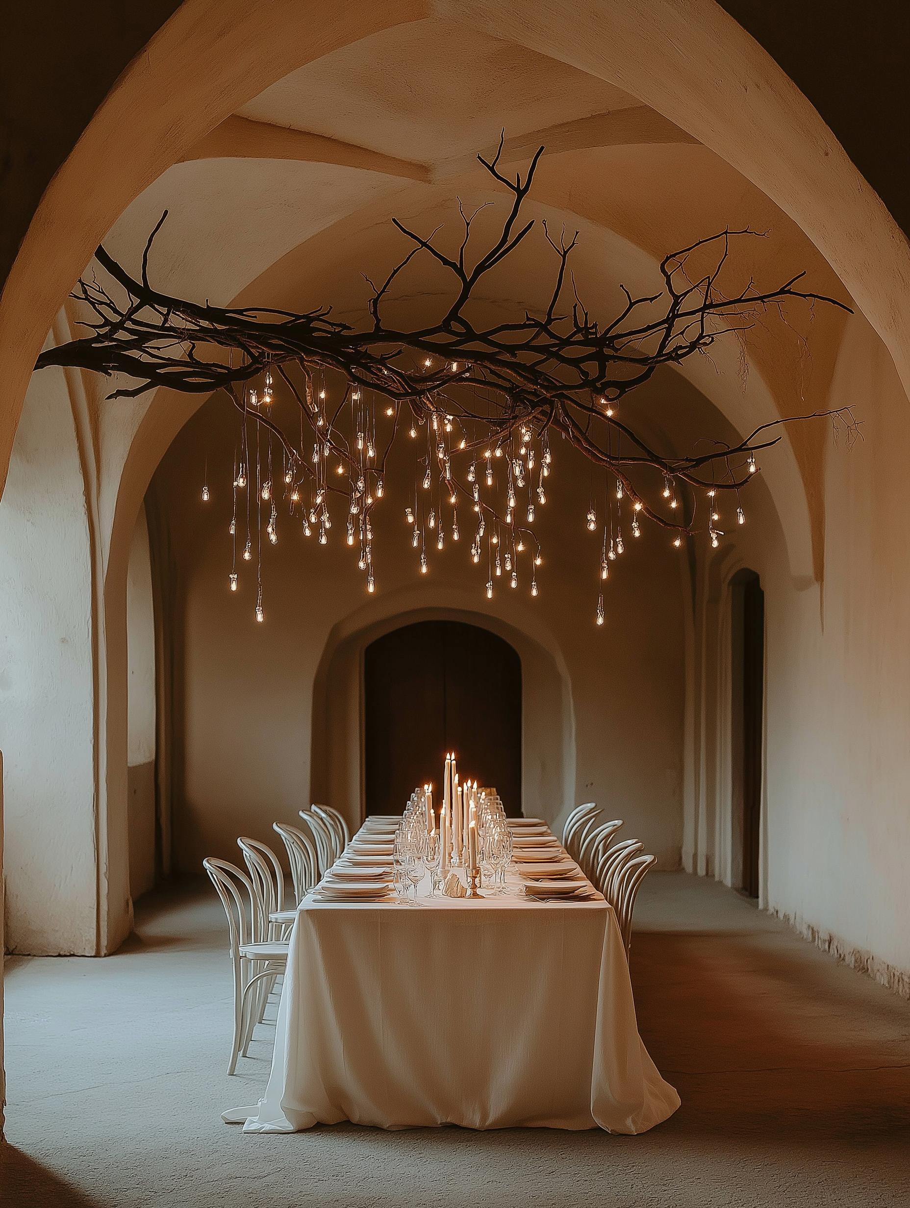 A long table with candles and branches hanging from the ceiling.