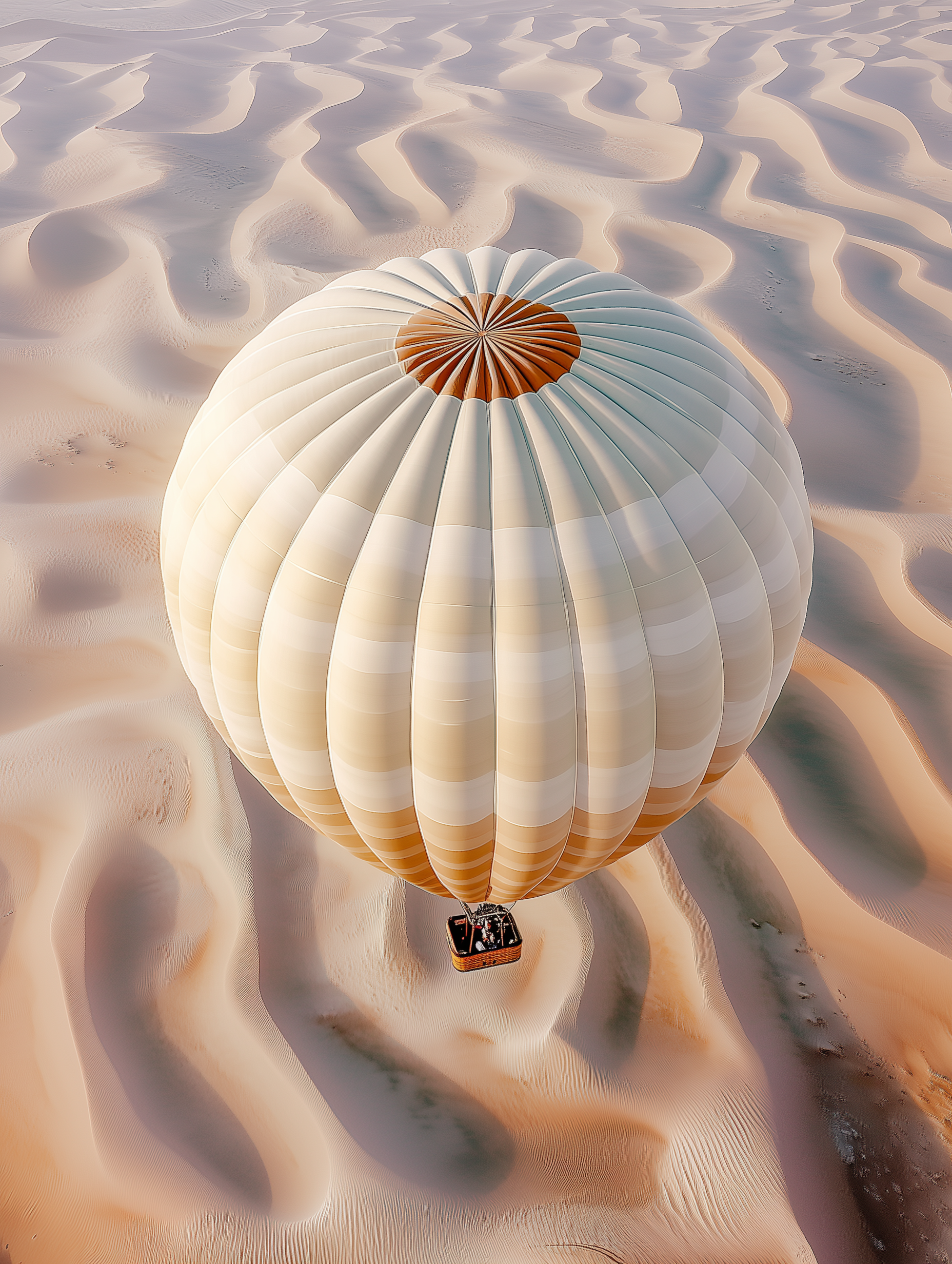 A hot air balloon is flying over a desert.