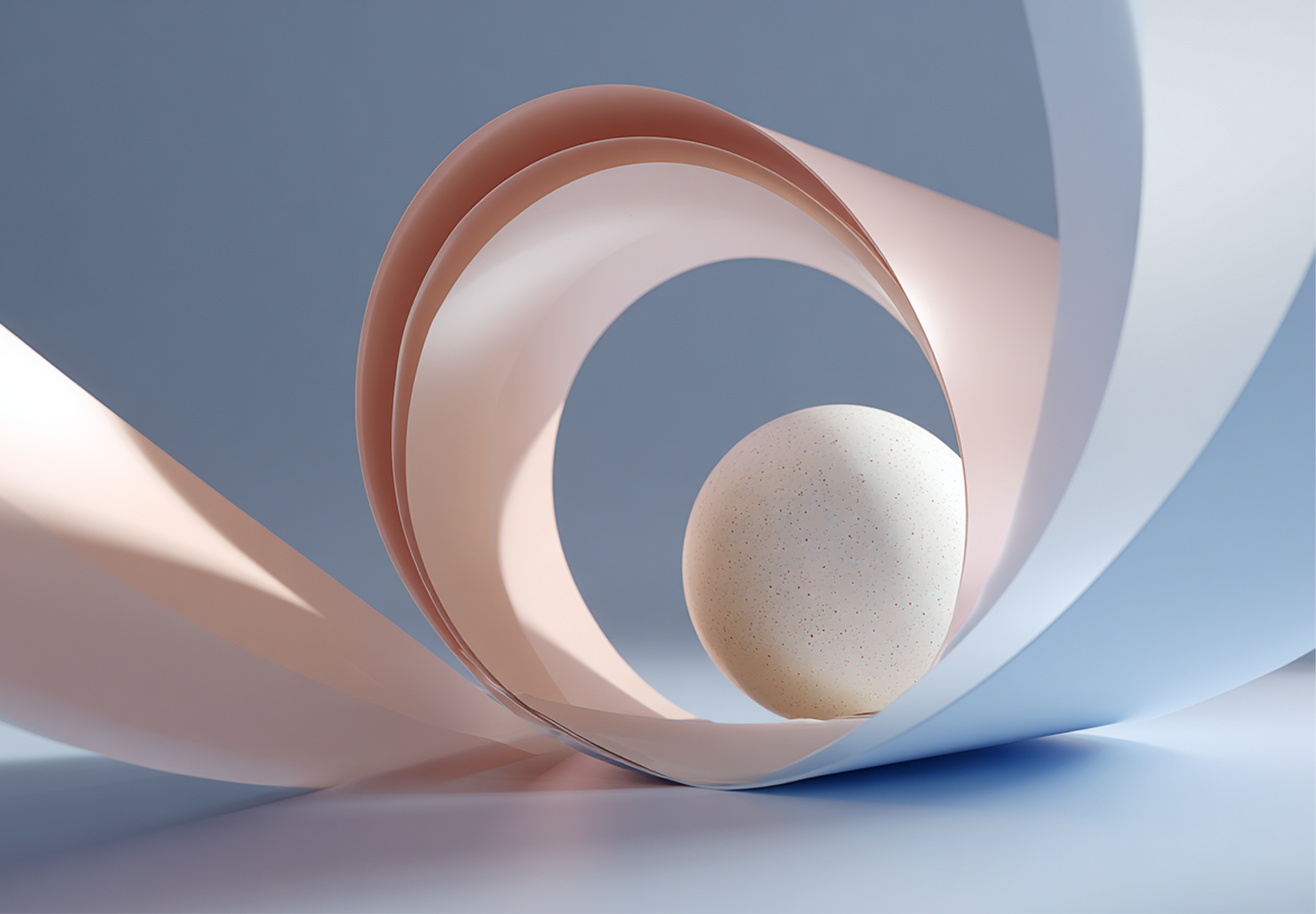 Abstract pastel 3D swirl with curved blue, peach, and white rings around a speckled sphere