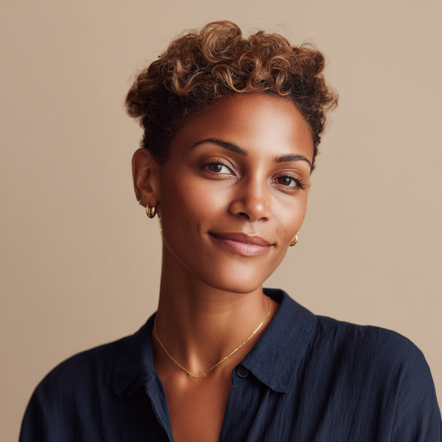 Portrait of a smiling person with short curly hair, wearing a dark navy shirt and gold necklace, against a beige background