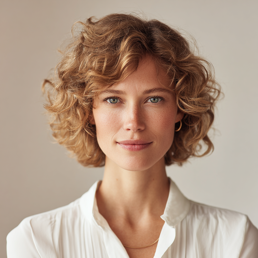 Portrait of a curly-haired person in a white blouse against a soft beige background