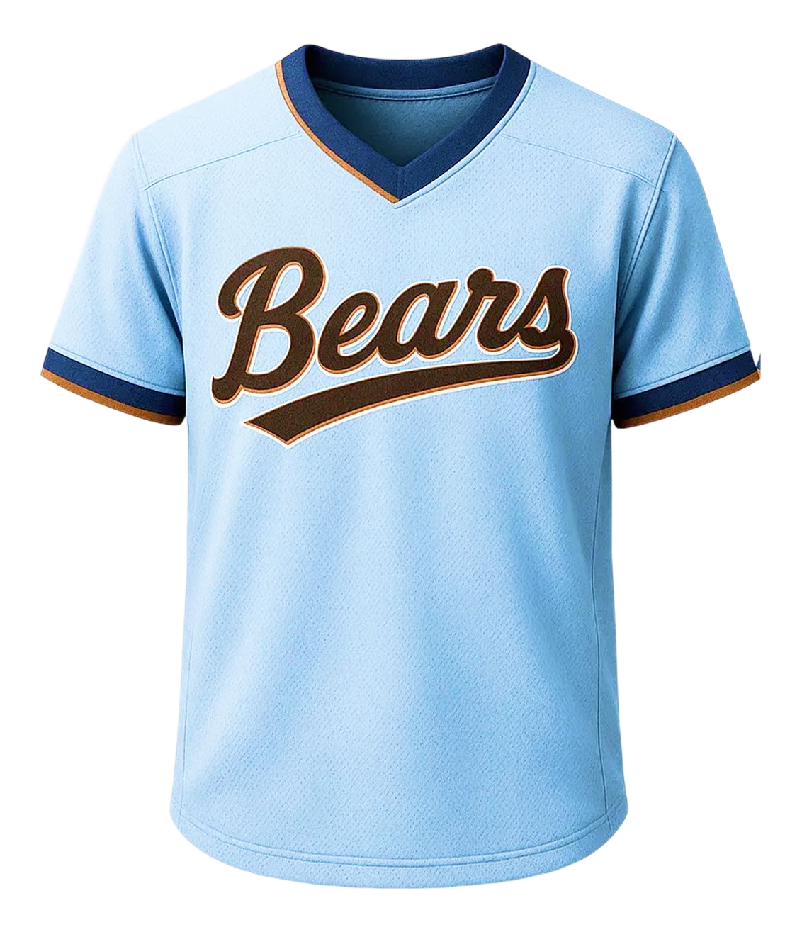 Light blue Bears baseball jersey with navy and brown trim and script logo