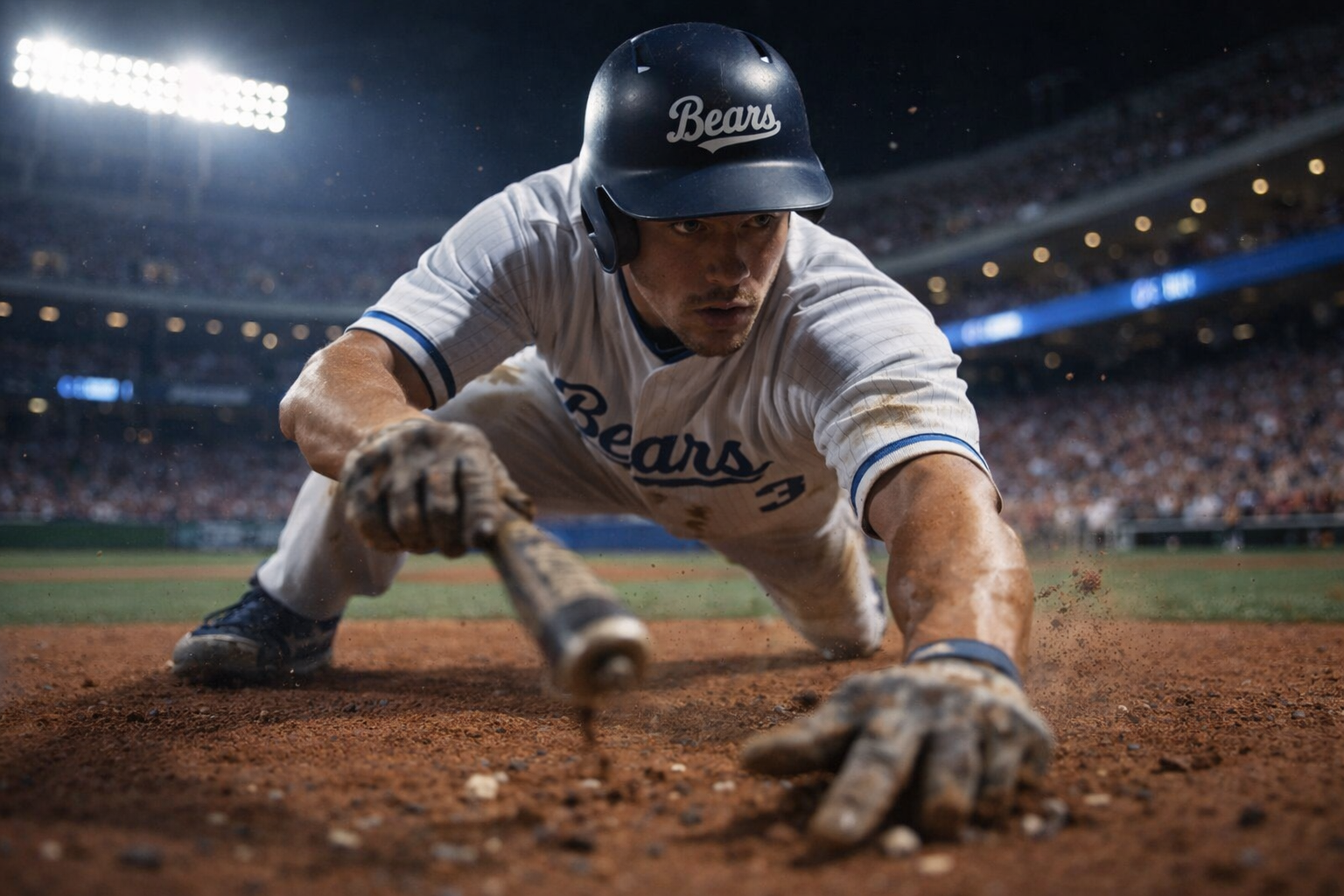 Baseball player sliding into home plate, reaching through dirt in a stadium under bright lights.