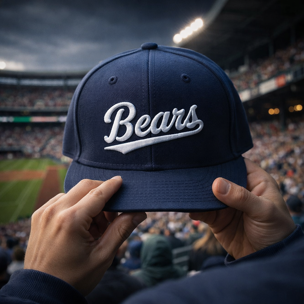 Navy blue Bears cap held up in a stadium, with blurred crowd and lights in the background