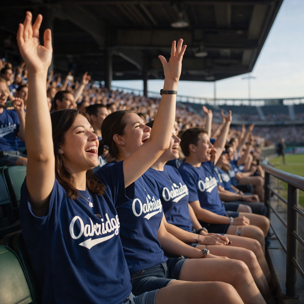 Fans in blue shirts cheering in stadium bleachers with arms raised during a game