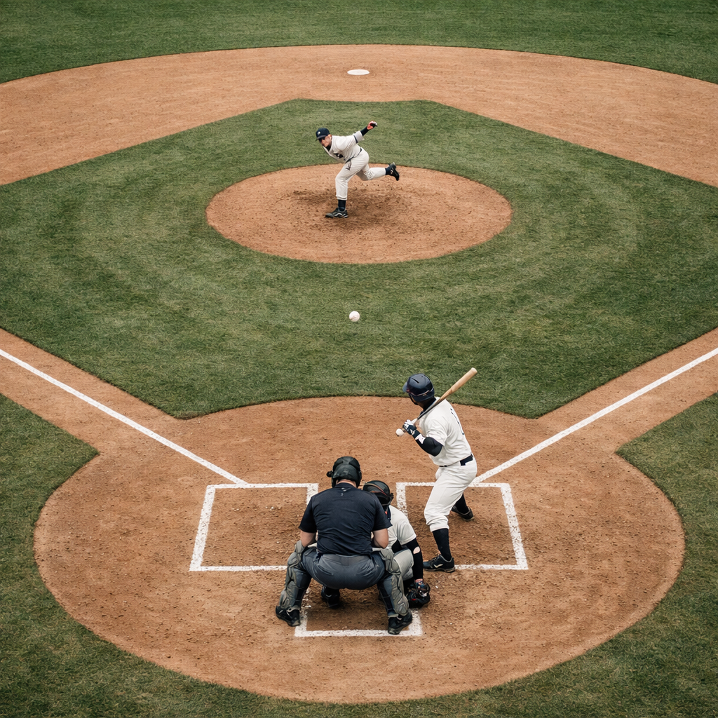 Baseball pitcher throws toward home plate as batter stands ready and catcher and umpire crouch behind him.