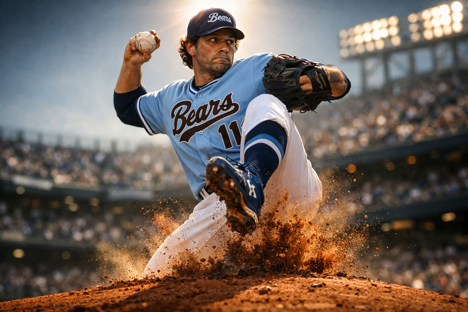 Baseball pitcher in blue jersey mid-throw on a dirt mound, kicking up dust in a stadium at sunset