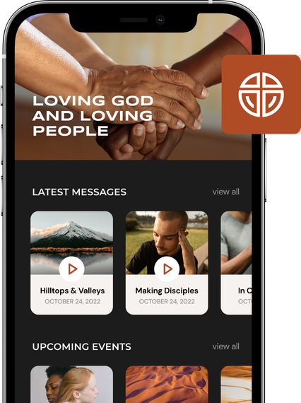 Mobile app showcasing church content with hands joined, 