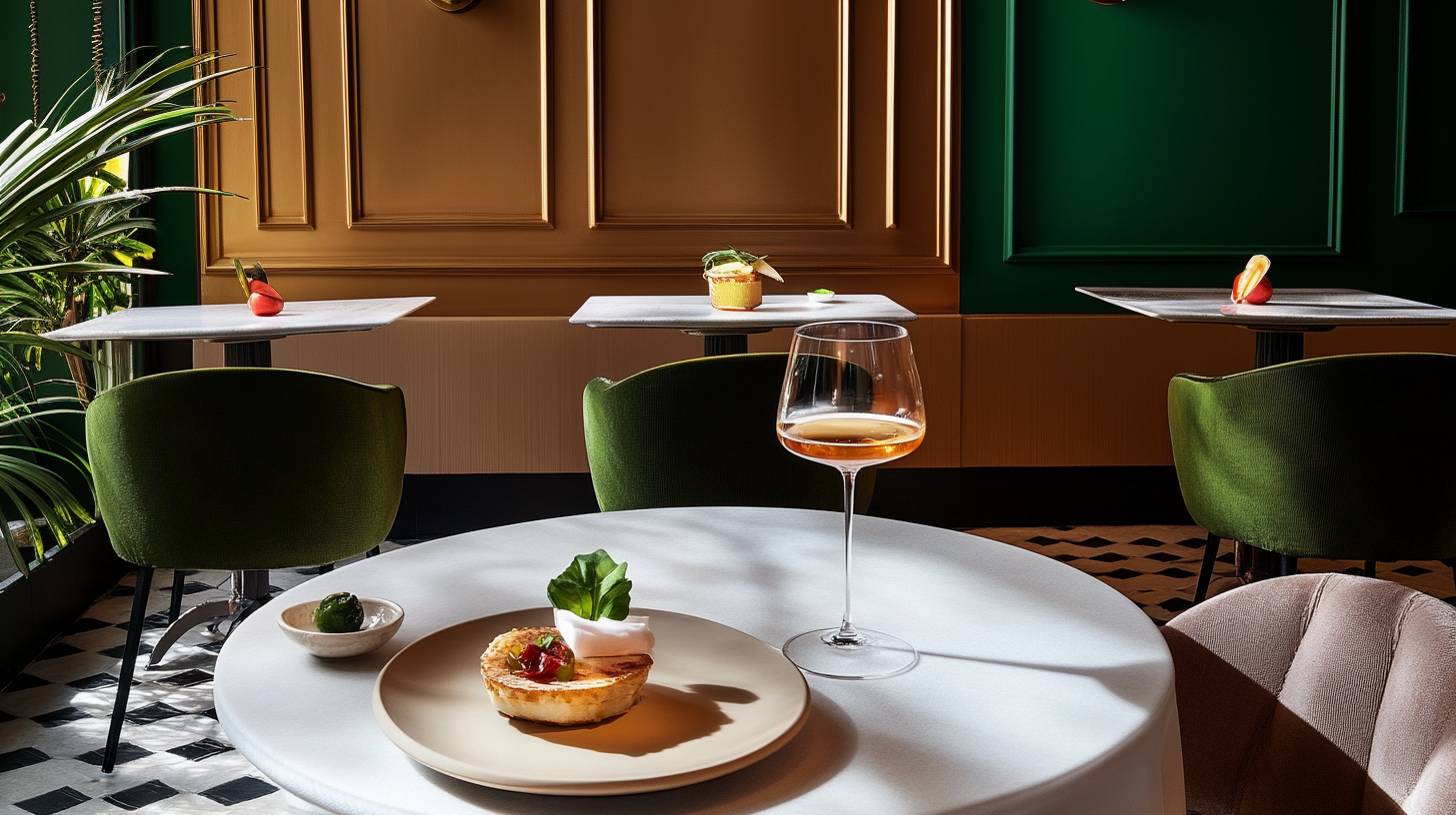 Une table avec une assiette de nourriture et un verre de vin dessus dans un restaurant.
