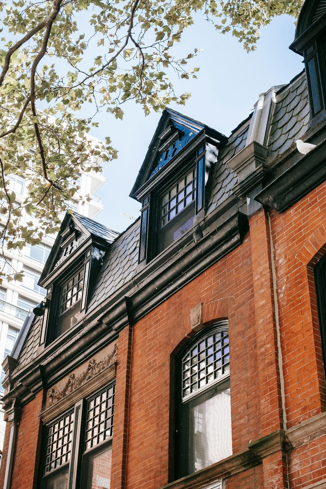 Brick building with black dormer windows and white-framed windows under leafy tree branches