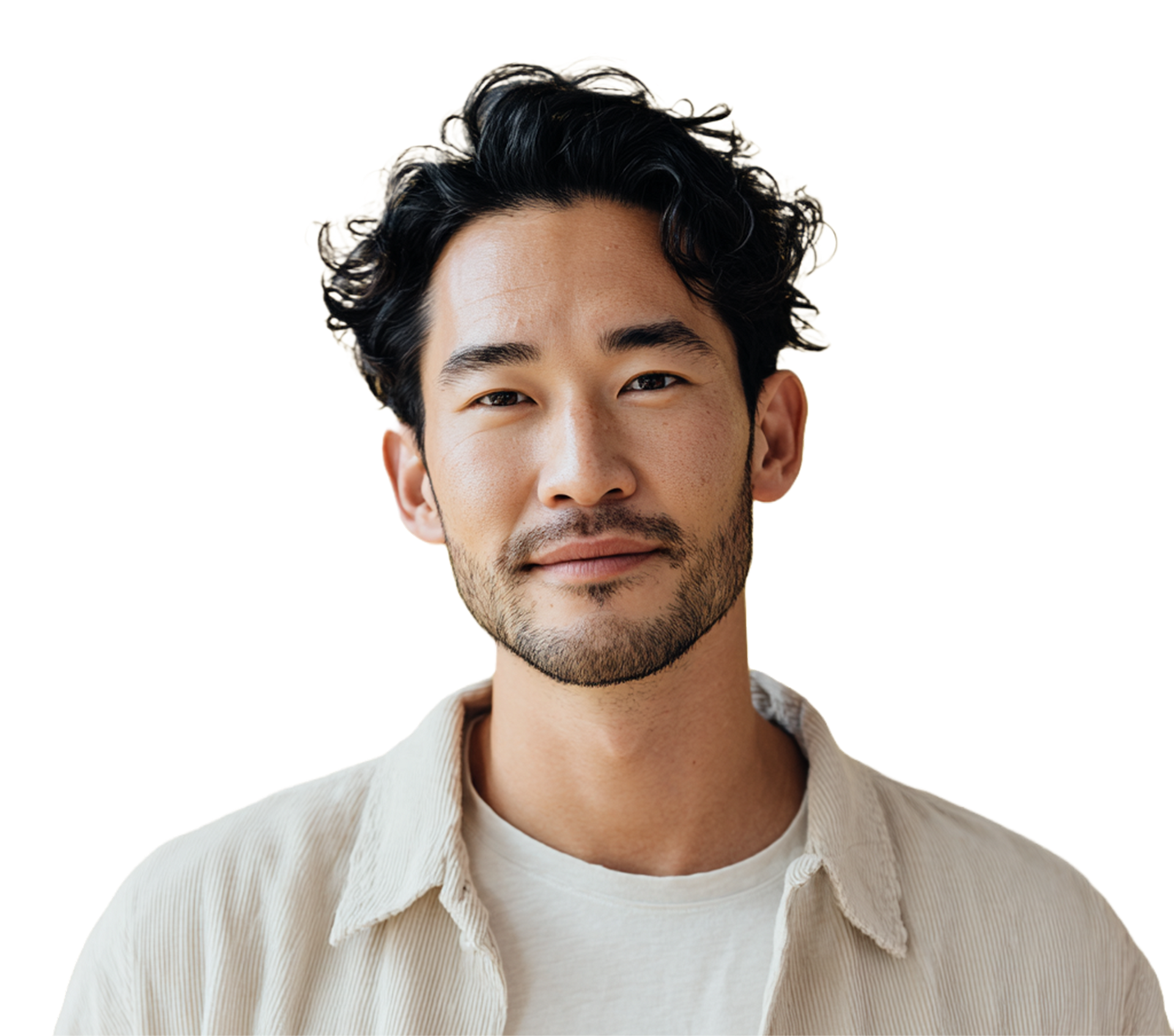 Portrait of a smiling person with curly dark hair, wearing a light beige shirt on a white background
