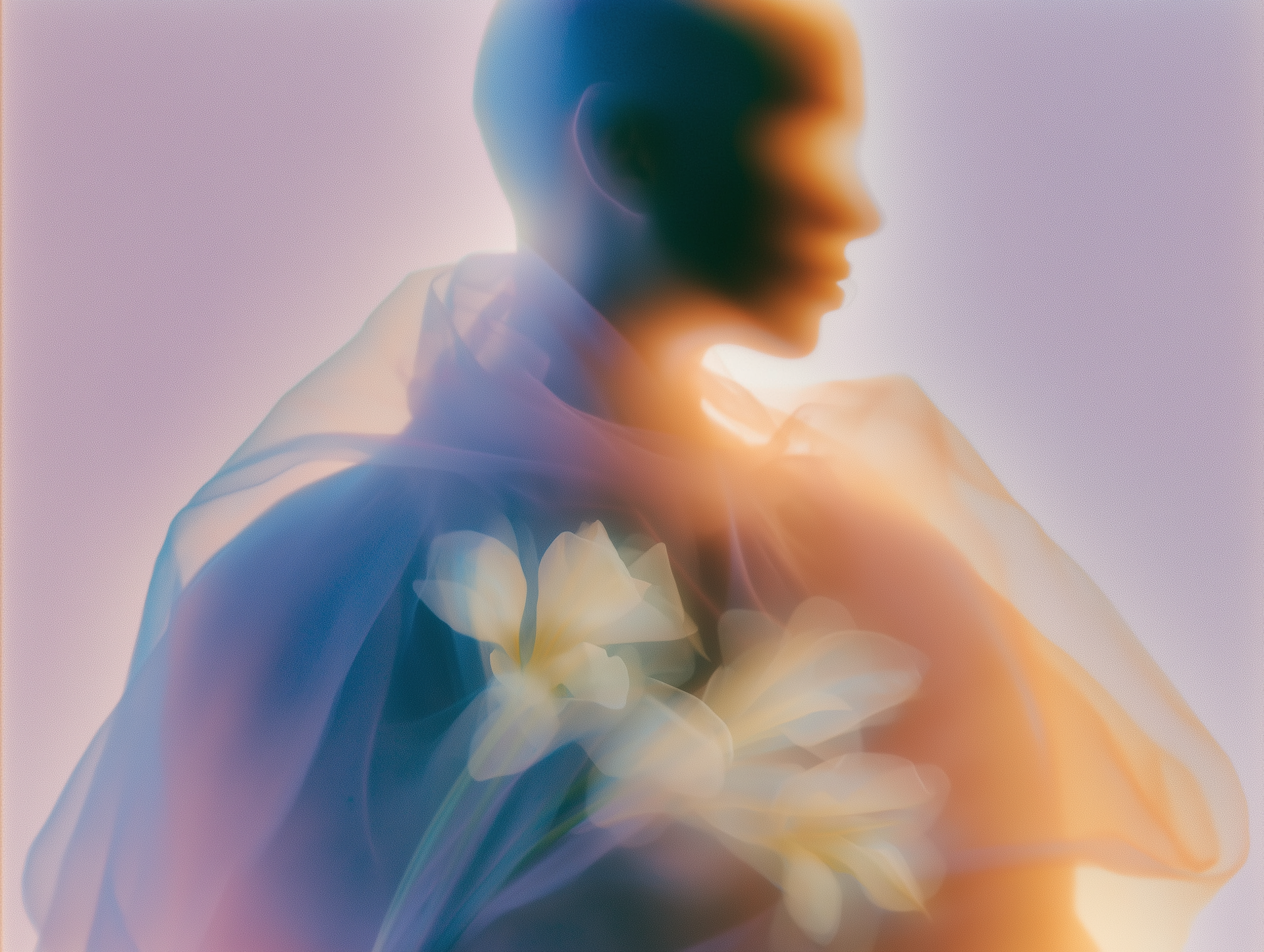 Blurred profile of a person in a translucent blue garment with white flowers against a pastel background