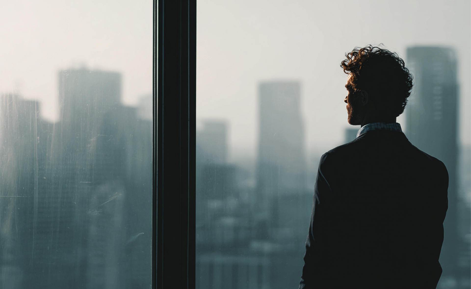 Silhouette d'une personne regardant par la fenêtre un horizon urbain brumeux