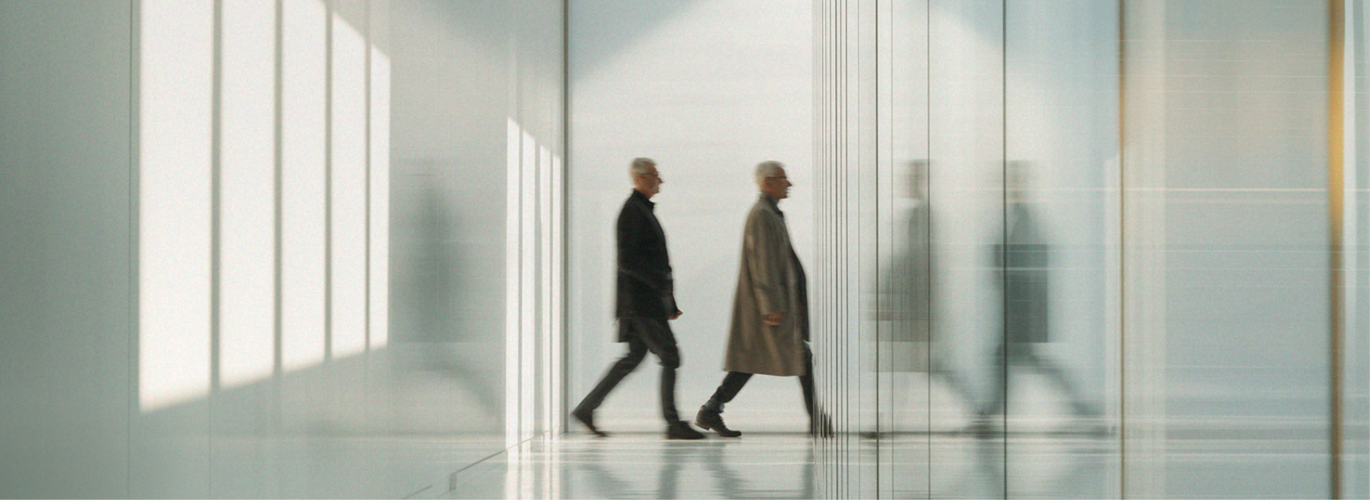 Two people walking in a bright modern hallway, seen through frosted glass panels.