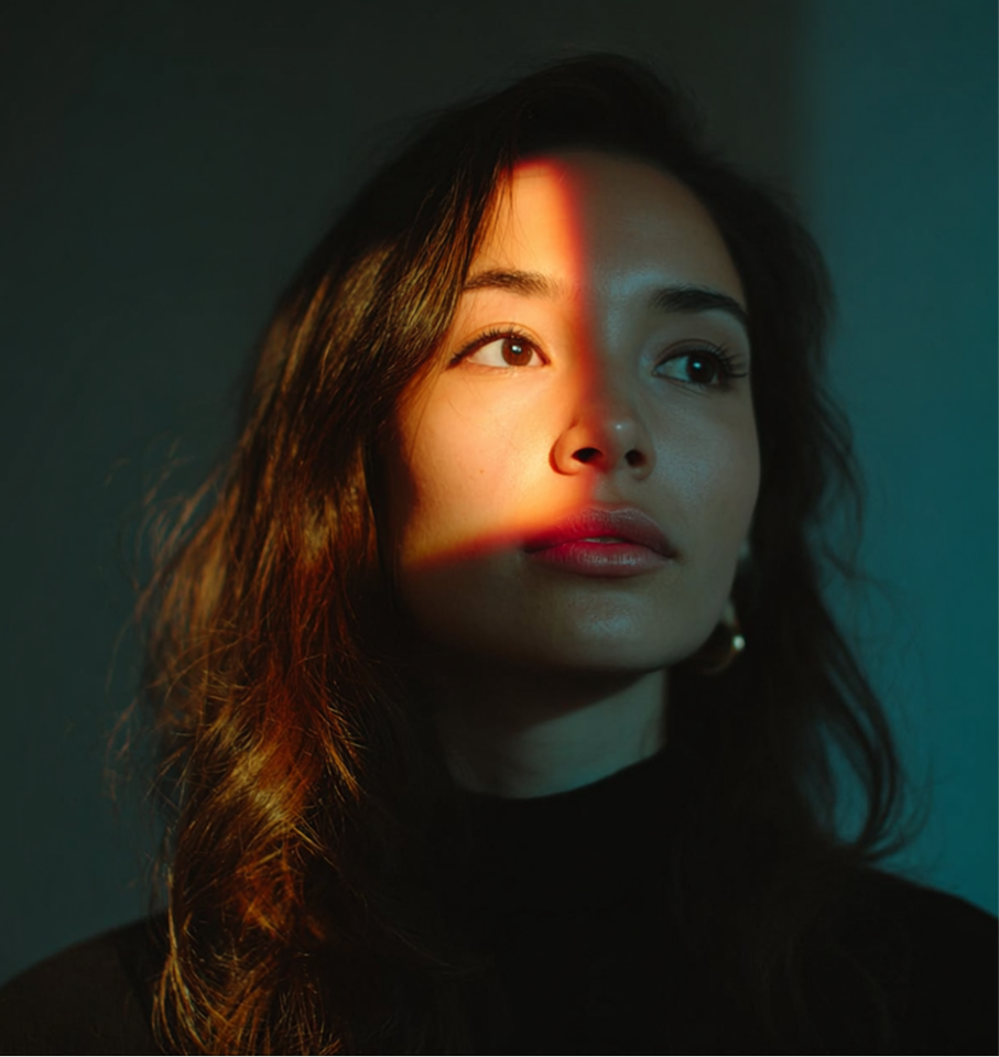 A close-up portrait of a person with a dramatic stripe of warm, golden light across half their face against a teal backdrop.