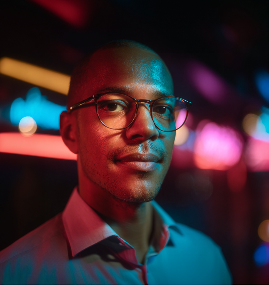 A person wearing glasses looks directly at the camera against a blurred background of vibrant, colorful neon lights.