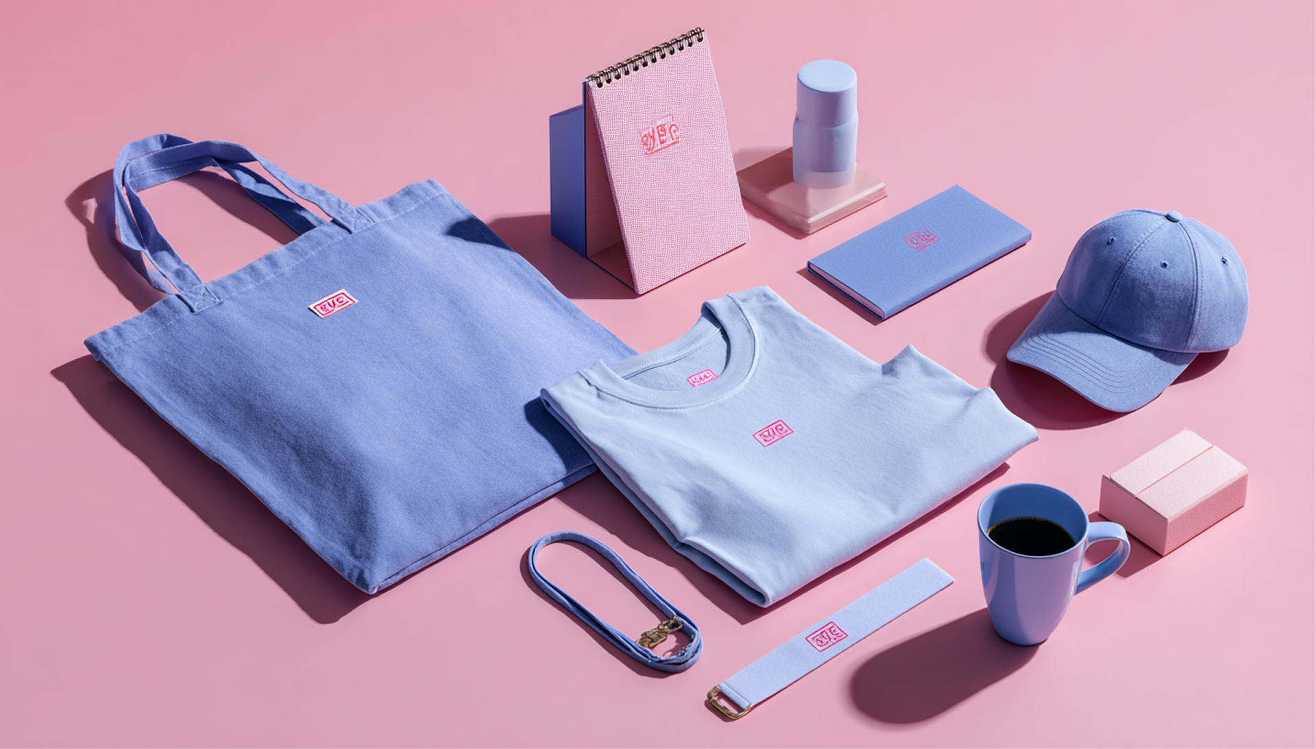Een assortiment blauwe en roze artikelen, waaronder een draagtas, notitieboekje, shirt, pet en mok, op een roze ondergrond.