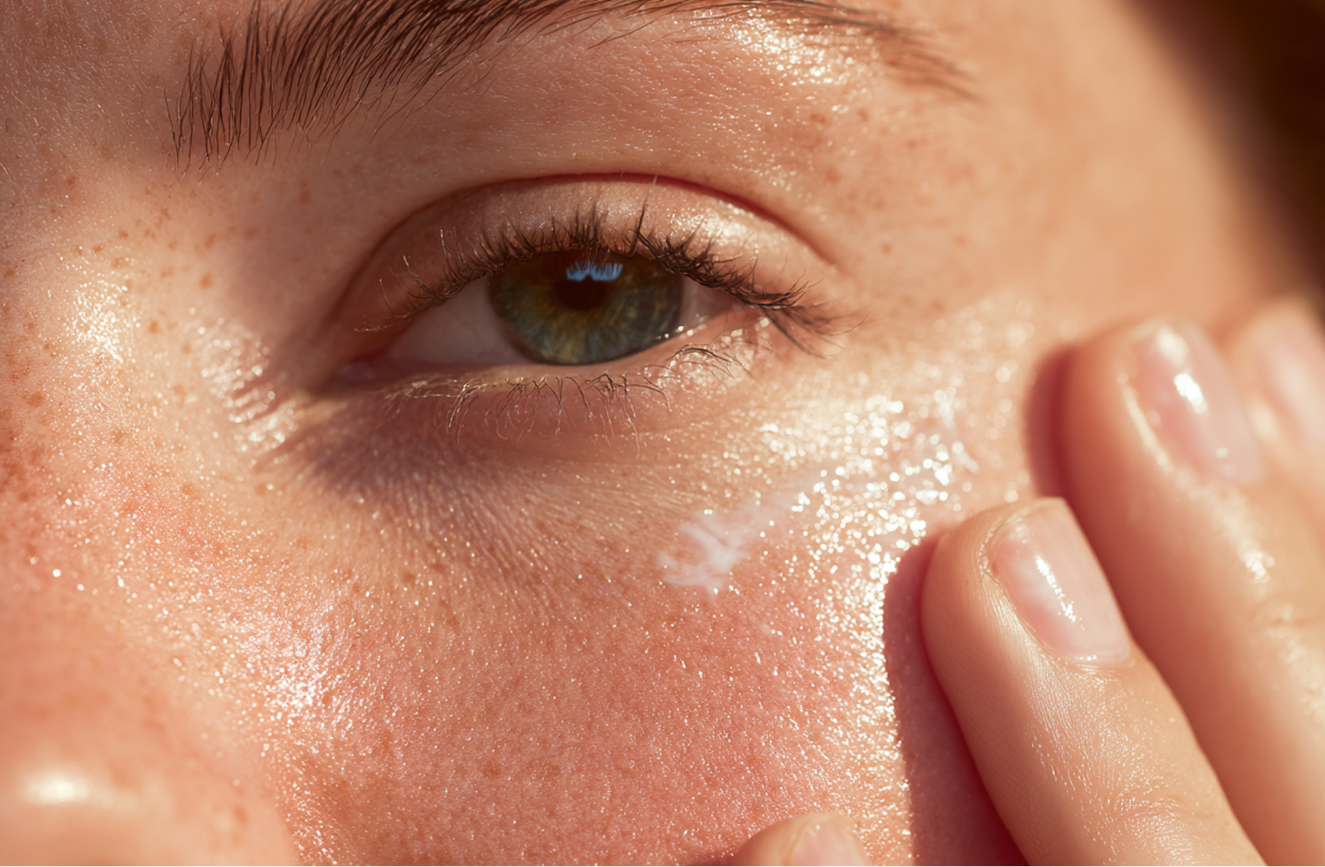 Close-up van het oog en gezicht van een persoon die witte lotion aanbrengt. De huid glinstert van het product.