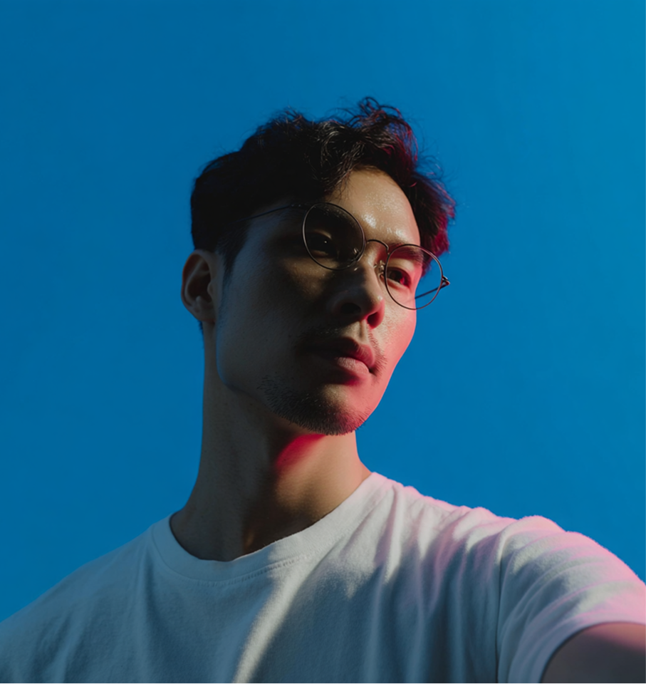 A person in a white t-shirt and glasses, illuminated by a mix of red and blue light against a solid blue background.