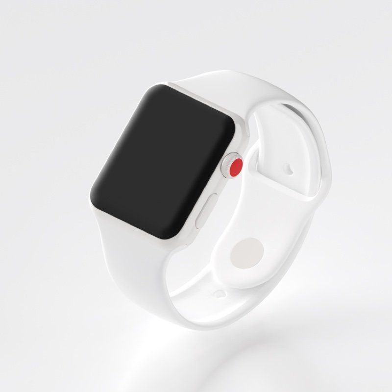 White Smart Watch with a black screen and a red button.