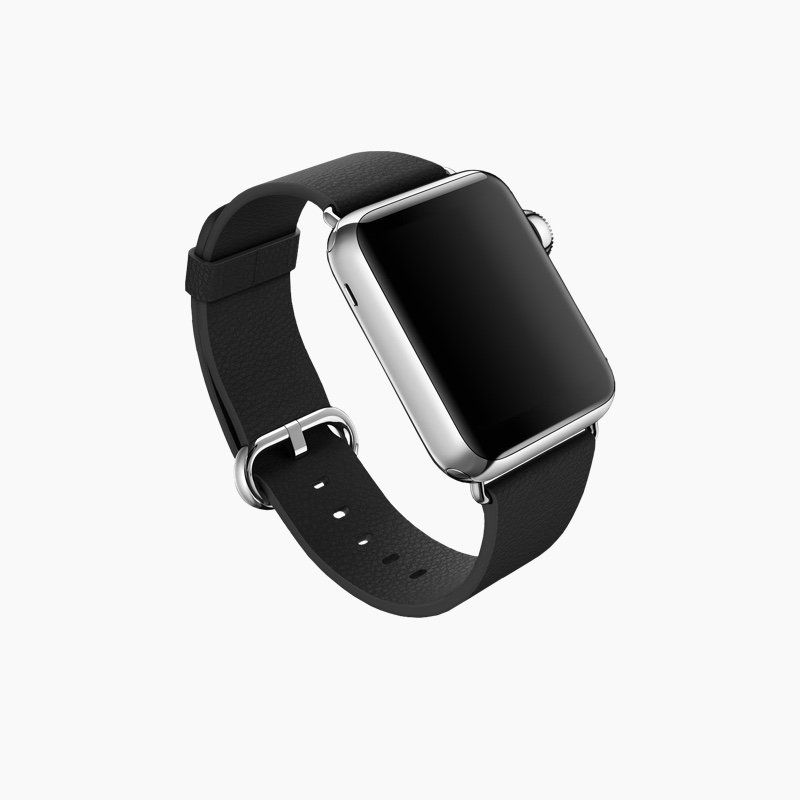 Silver smartwatch with a black strap.