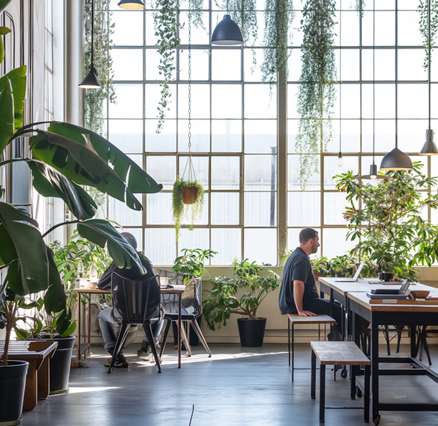 Bright plant-filled studio with large windows, desks, and a person working at a table