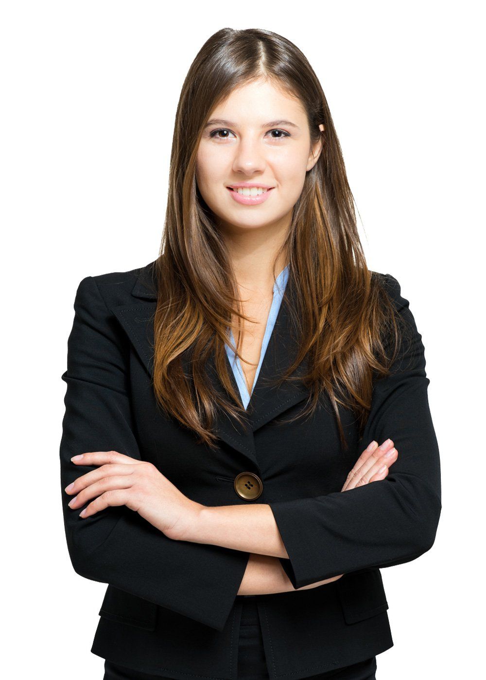 Woman with long brown hair, wearing a black blazer with arms crossed, smiling.