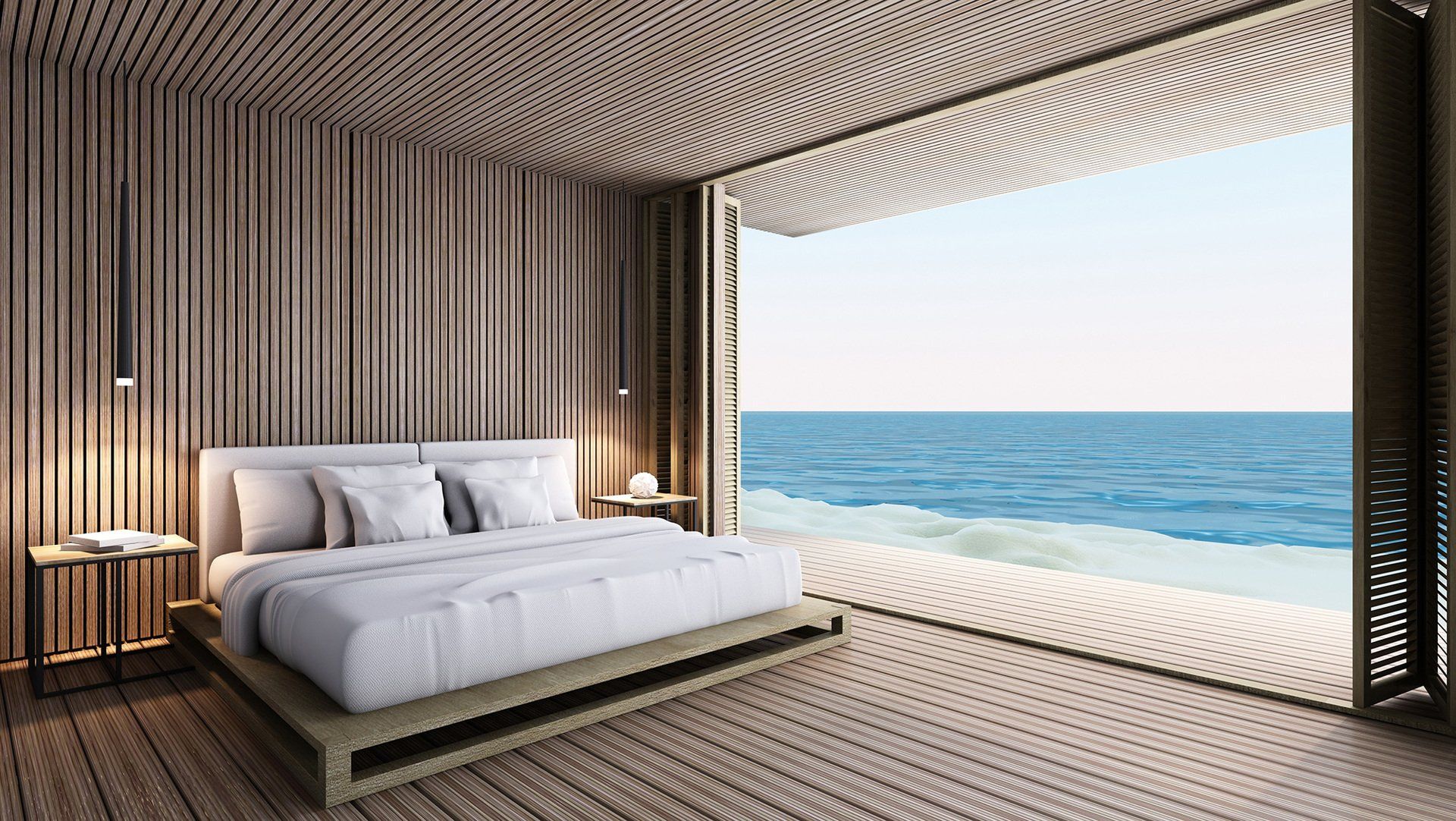 Bedroom with a bed, ocean view through a large window, wooden walls and ceiling, neutral tones.