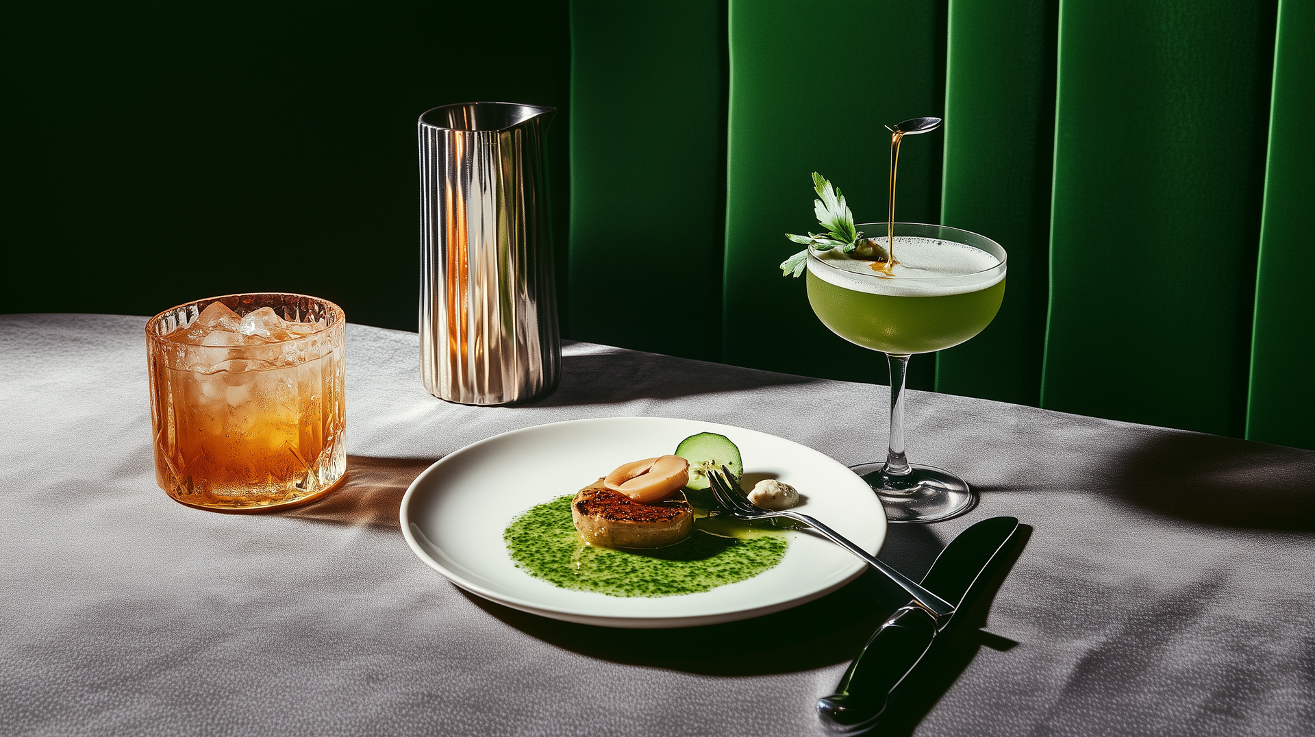 Cocktail and plated dish on a gray table against a dark green backdrop