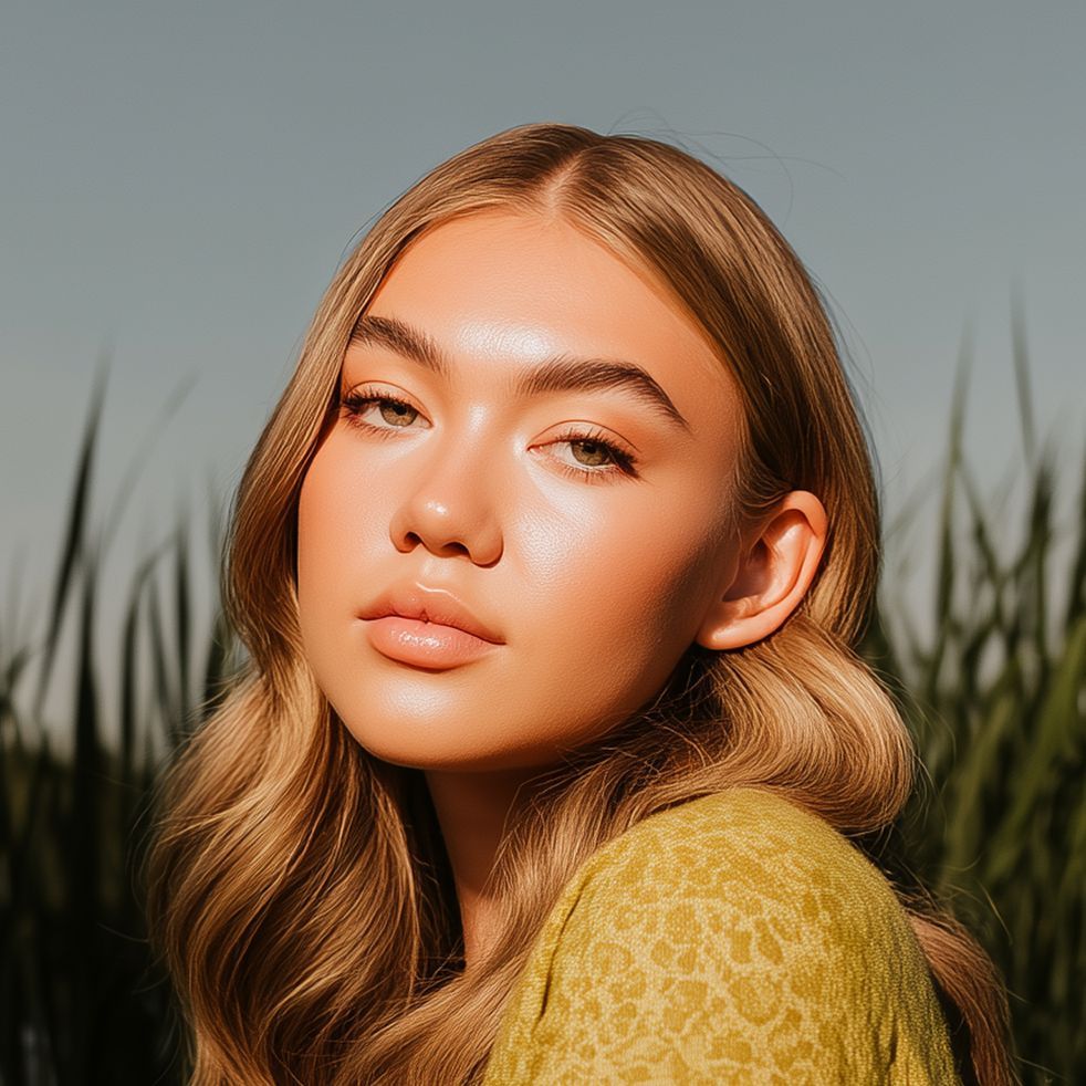 Close-up portrait of a woman with long wavy hair in a yellow top, standing before tall grass.