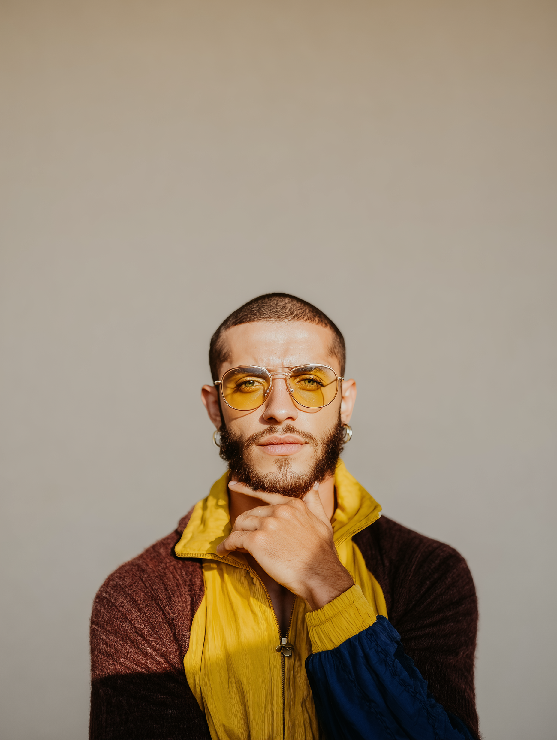 Man with beard, yellow-tinted glasses, and colorful jacket, touching chin, looking at the viewer against a gray backdrop.