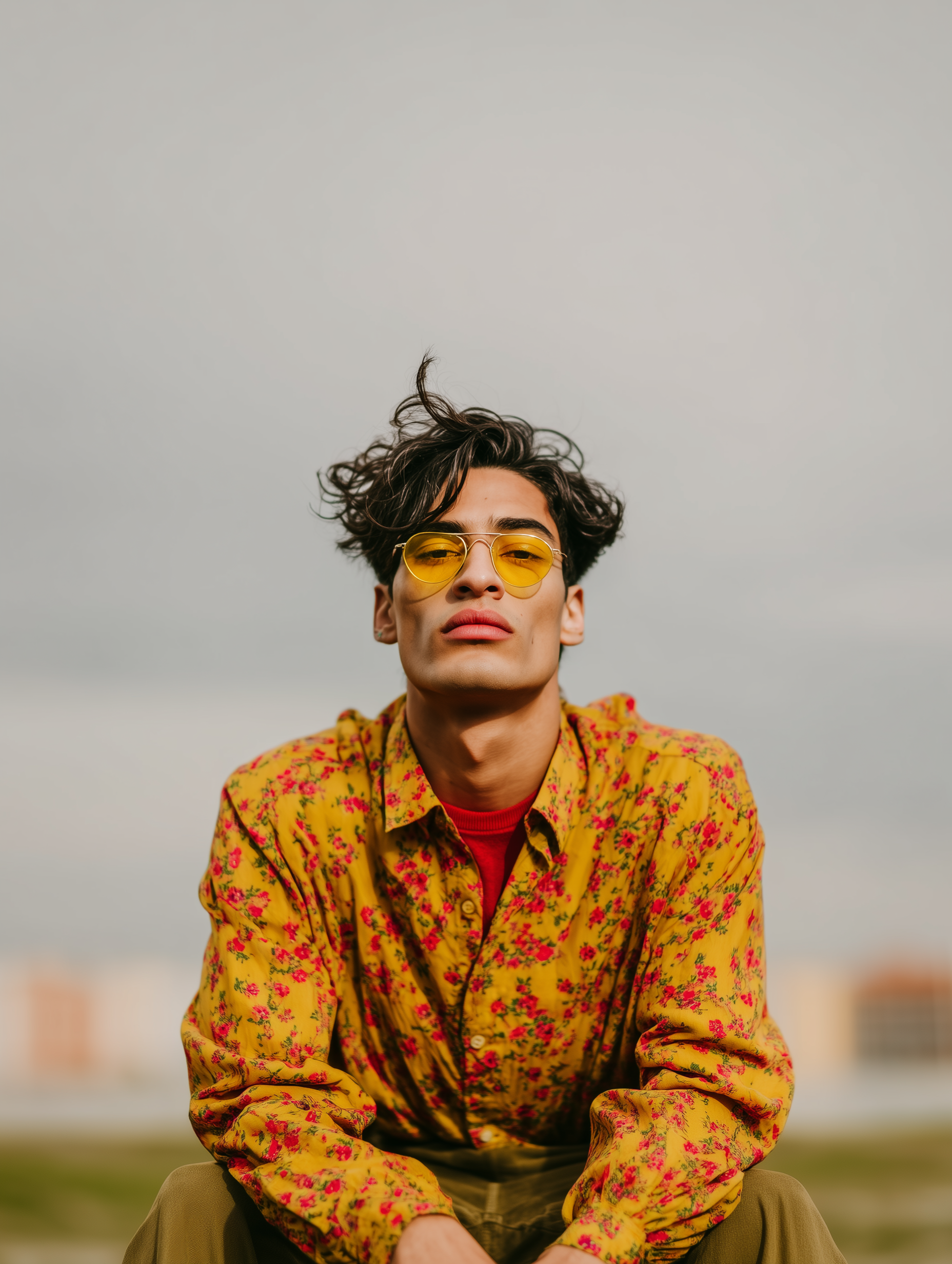 Man wearing yellow sunglasses and floral shirt, sitting outdoors, overcast sky.