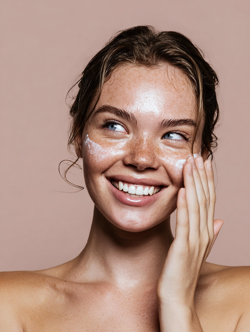 A smiling person with freckles applying white skincare cream to their cheek against a neutral, beige background.