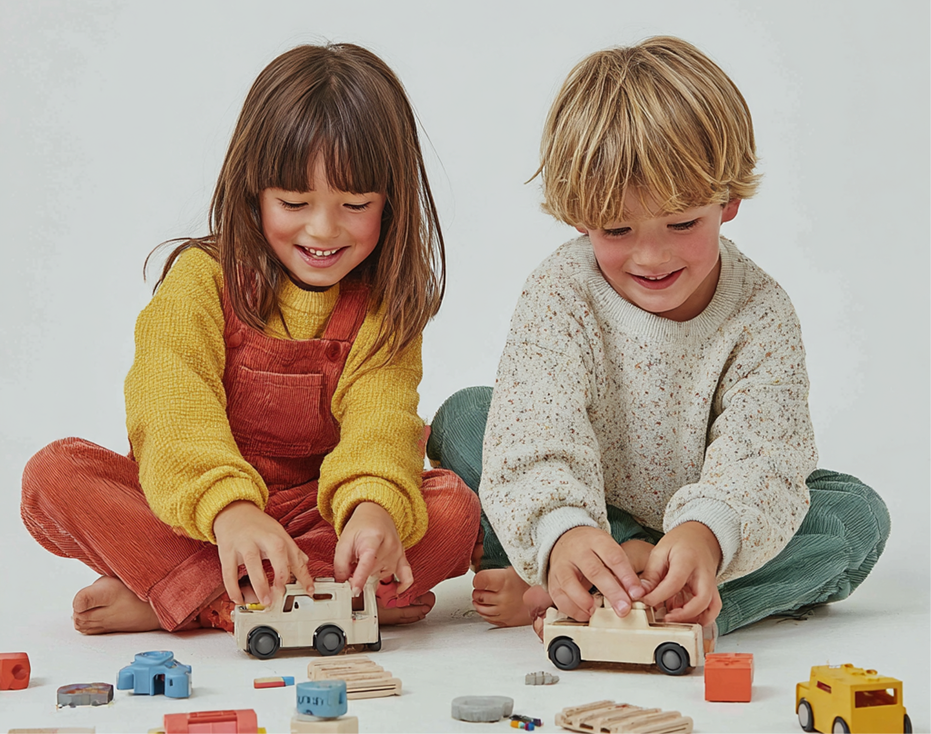 Two children smiling, playing with wooden toy cars and blocks on a white floor.