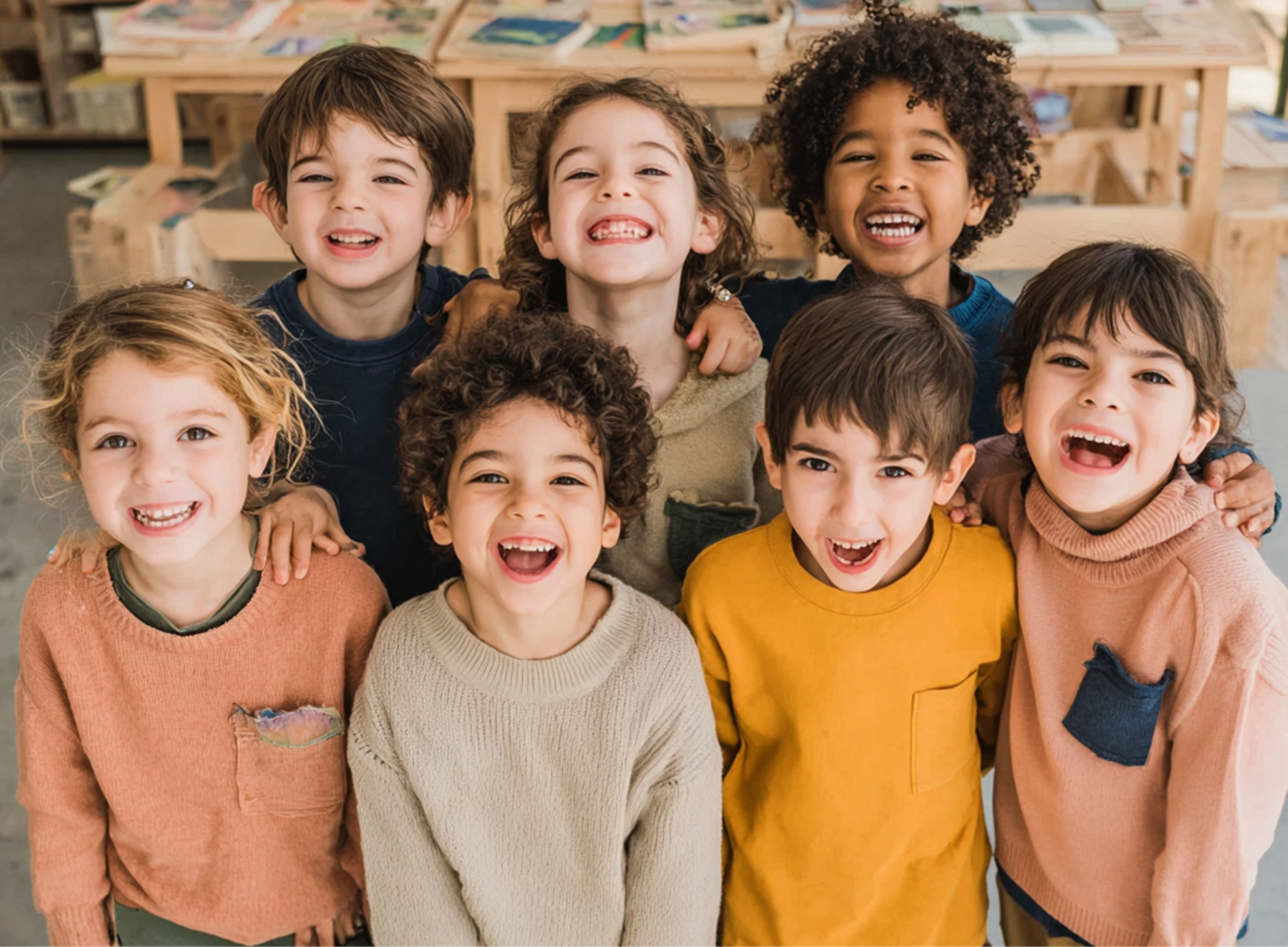 Group of smiling children, arm-in-arm. They are indoors with books in the background.