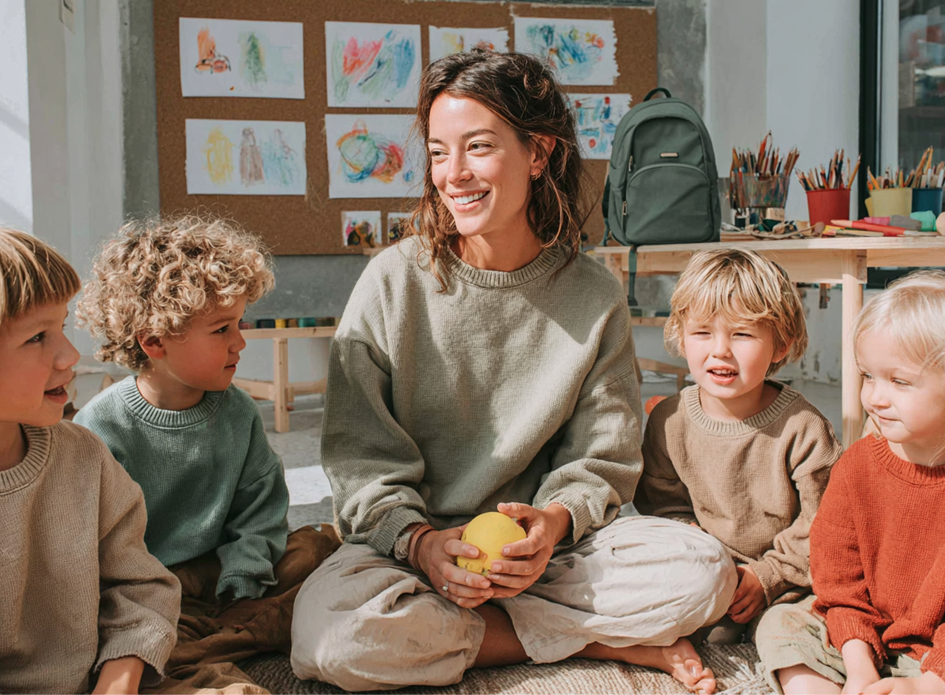 Woman smiling, surrounded by children, in a bright classroom setting, with art on the wall.