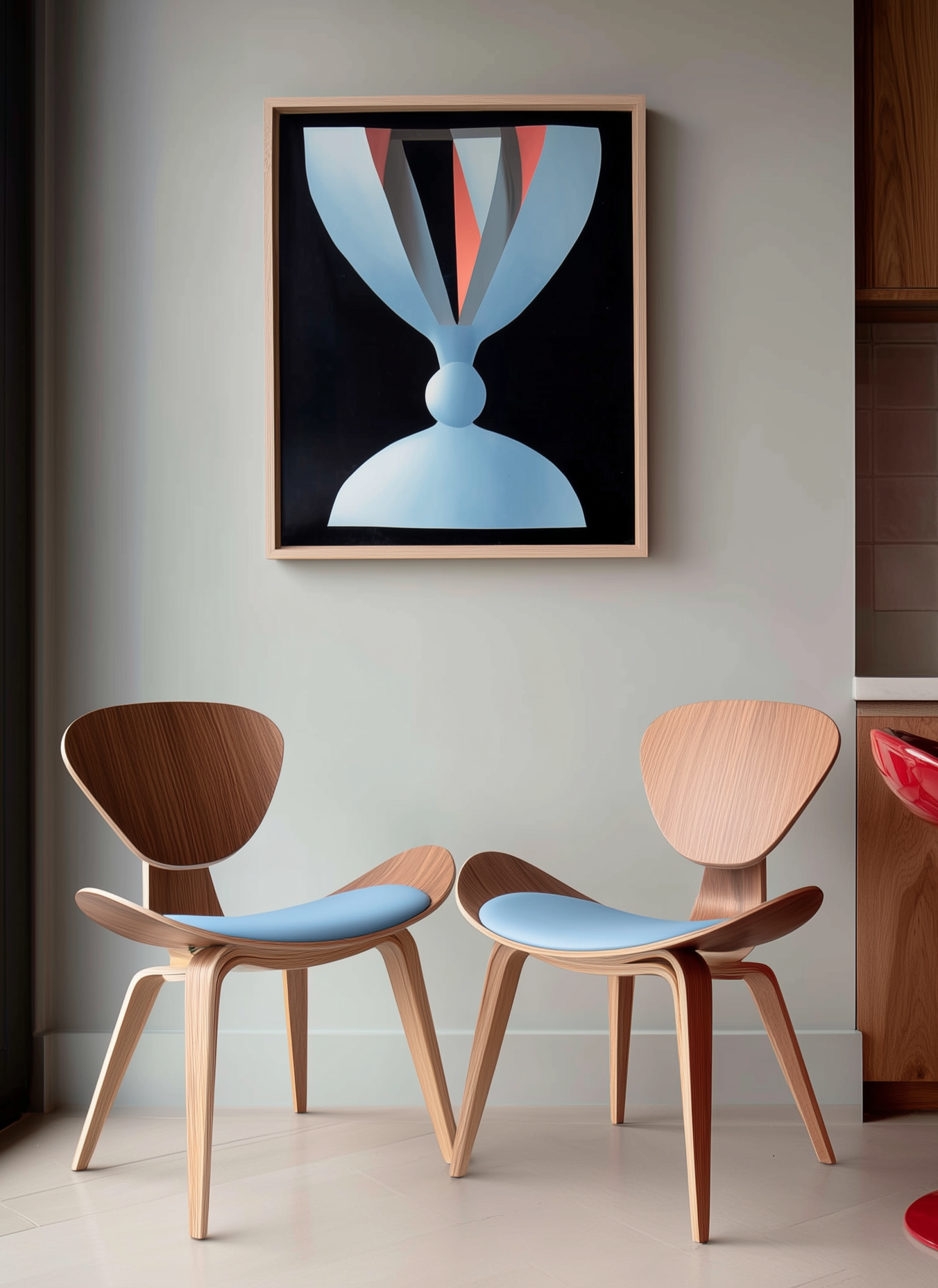 Two modern chairs beneath abstract wall art in a minimalist room