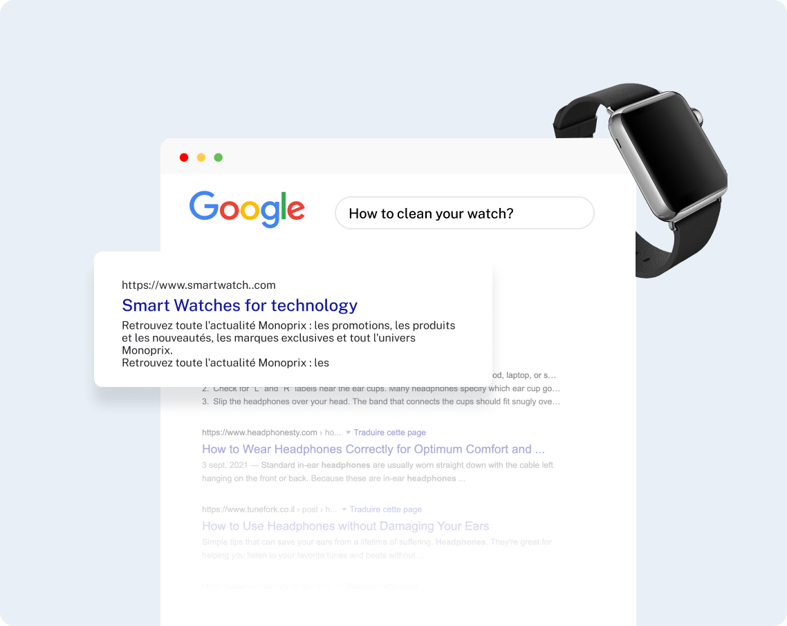 A Google search result on a laptop screen next to a smartwatch, showing search results for 