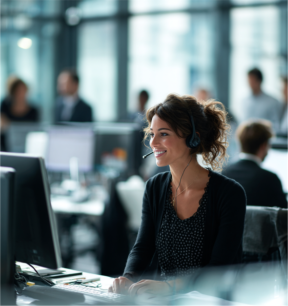Woman with headset smiling, working on computer in office setting.