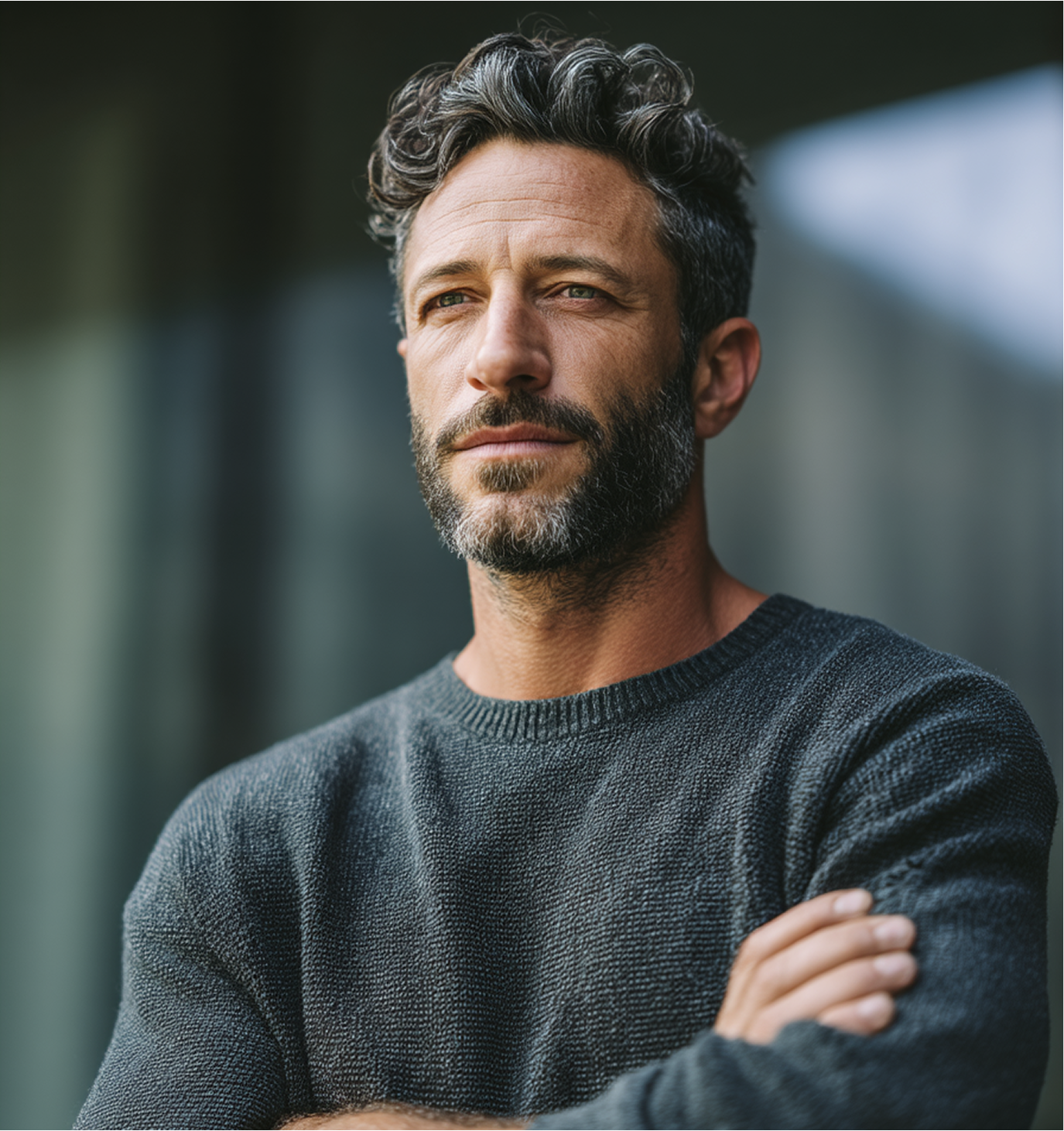Man with graying curly hair and beard, arms crossed, wearing a gray sweater, looking thoughtful.