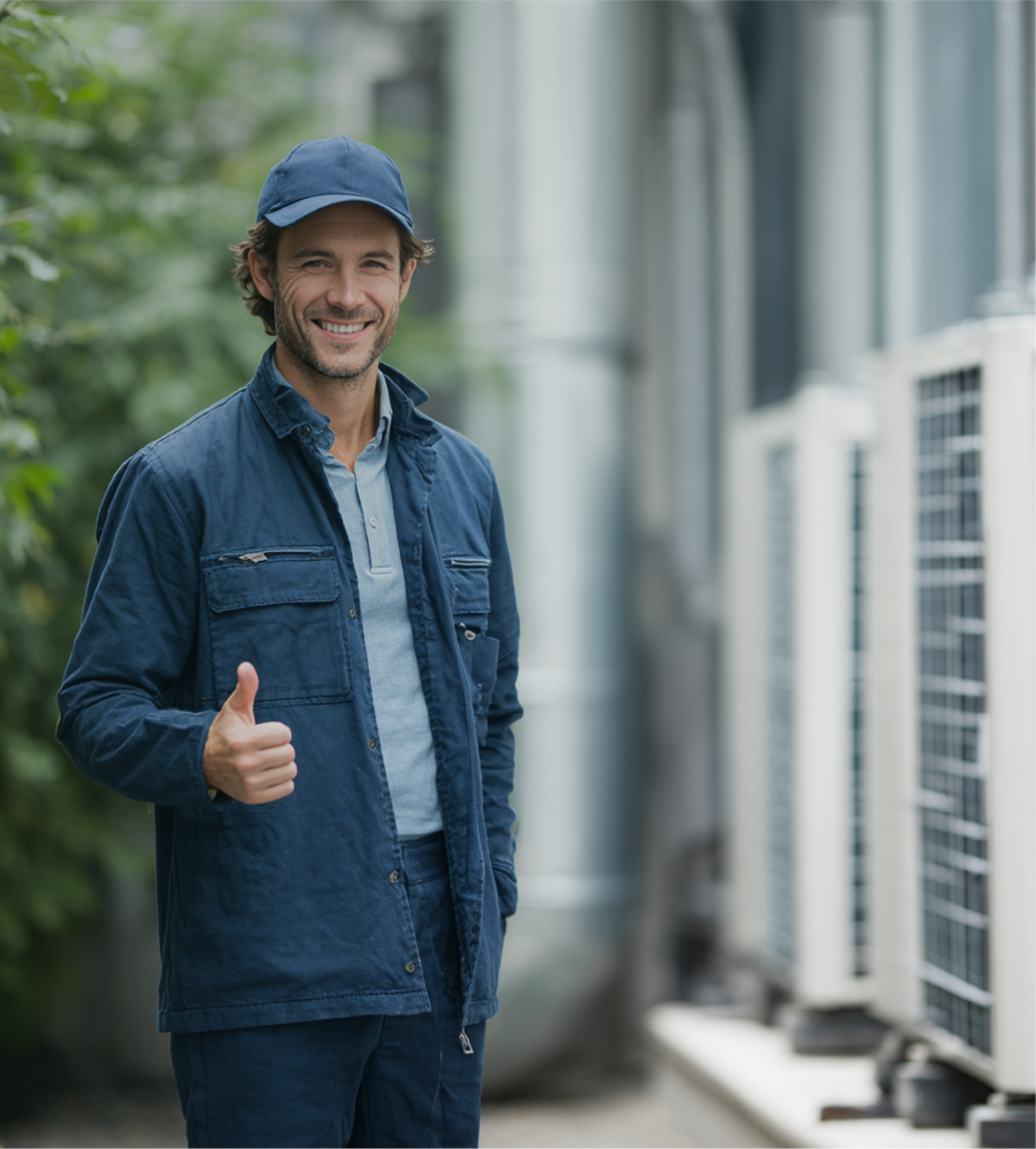 HVAC technician gives thumbs-up, standing near outdoor air conditioning units. Blue uniform and cap.