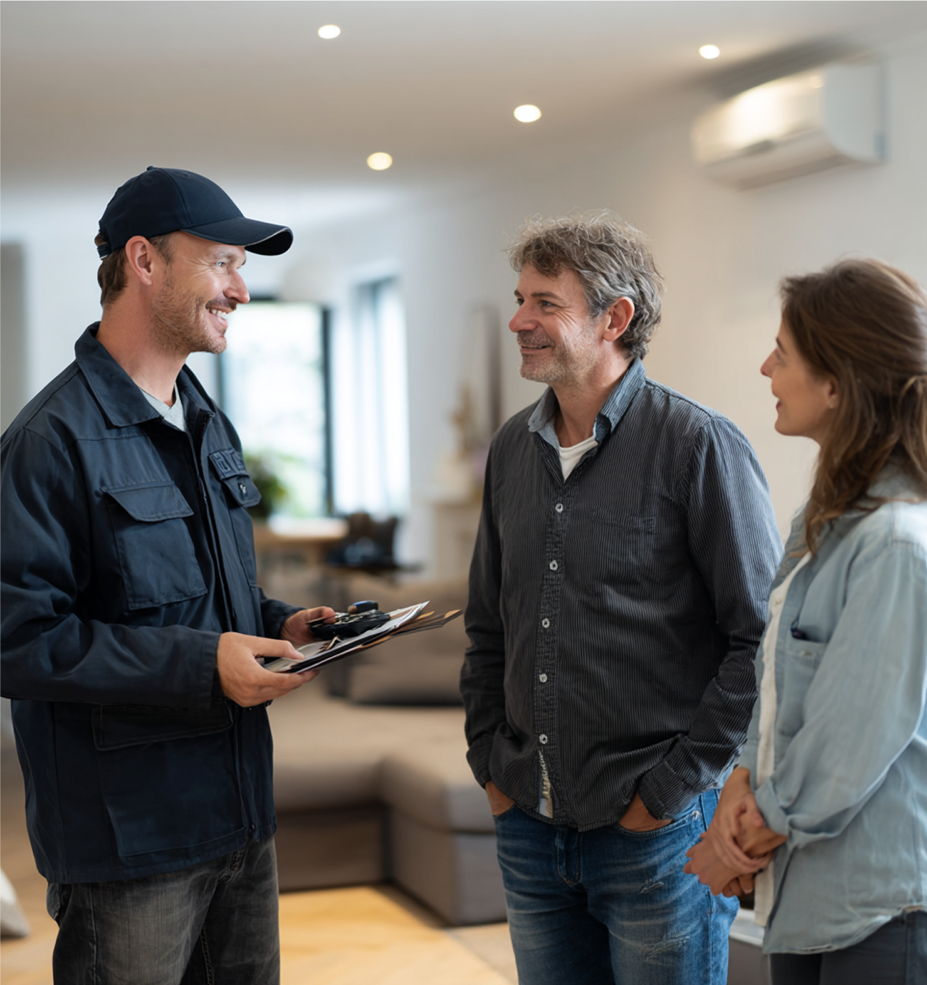 Three people chatting in a bright living room, one holding a tablet clipboard.