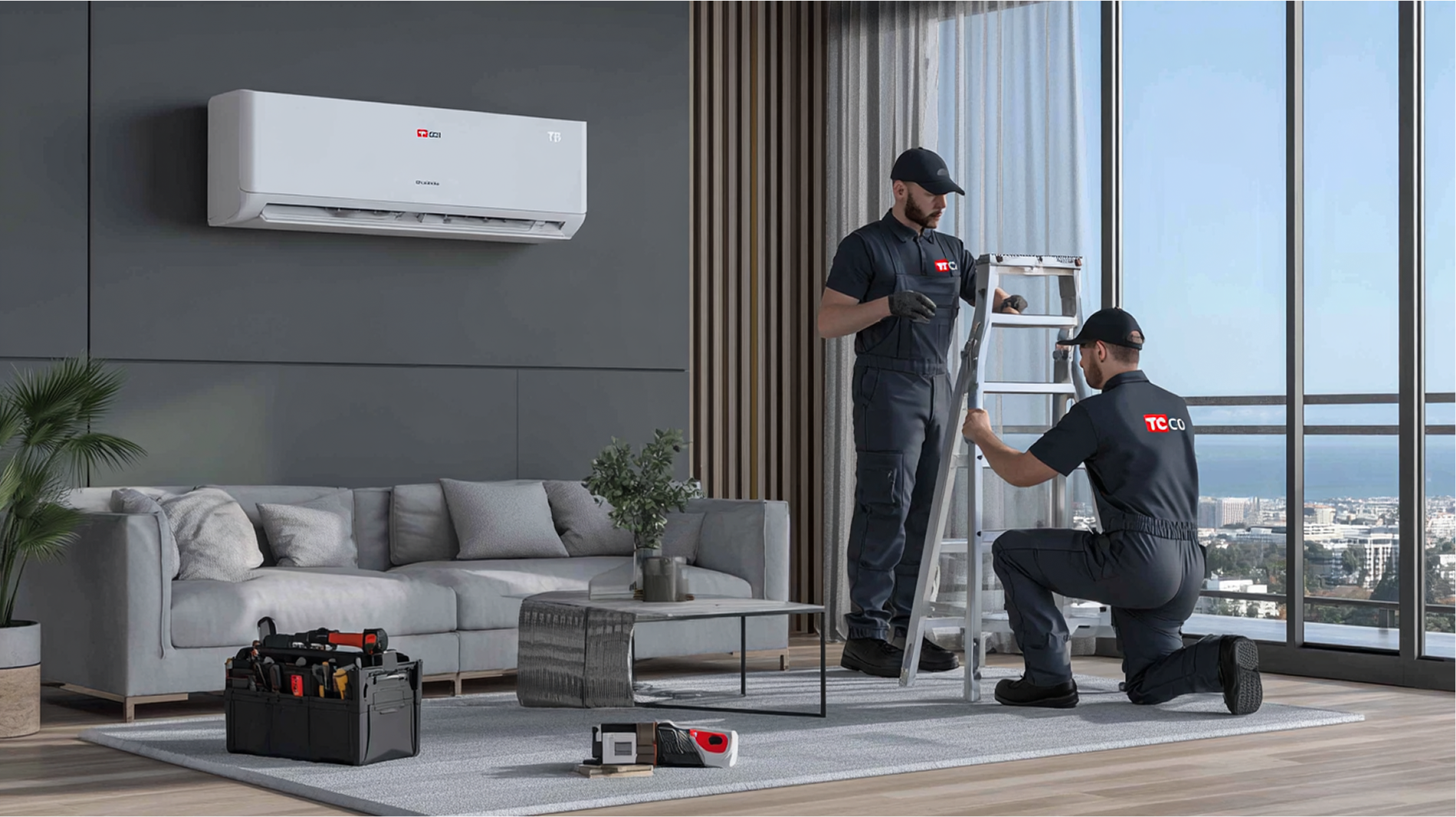 Two technicians servicing a wall-mounted AC unit inside a modern living room. One on a ladder, one kneeling.
