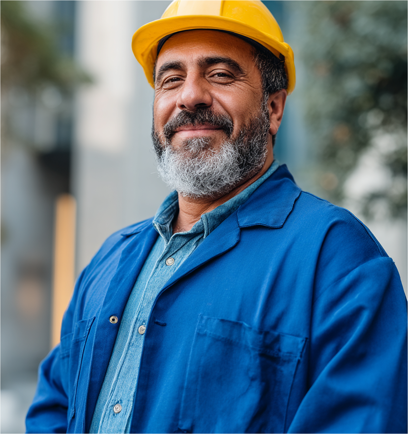 Man wearing yellow hard hat and blue work jacket smiles outdoors.