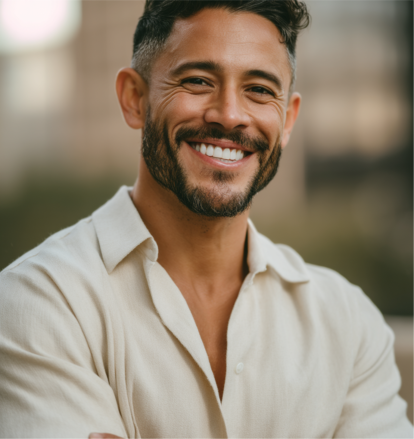 Man with dark hair and beard smiles broadly outdoors, wearing a cream-colored shirt.