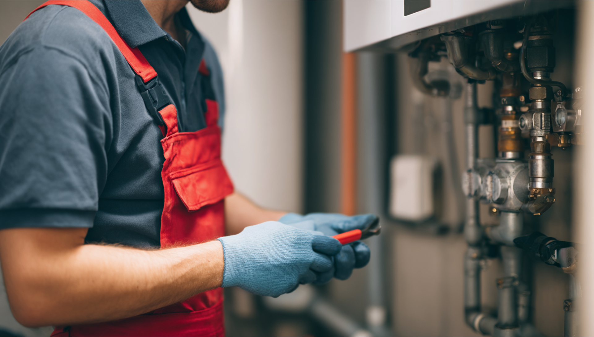 Plumber in red overalls and gloves working on pipes attached to a white appliance.