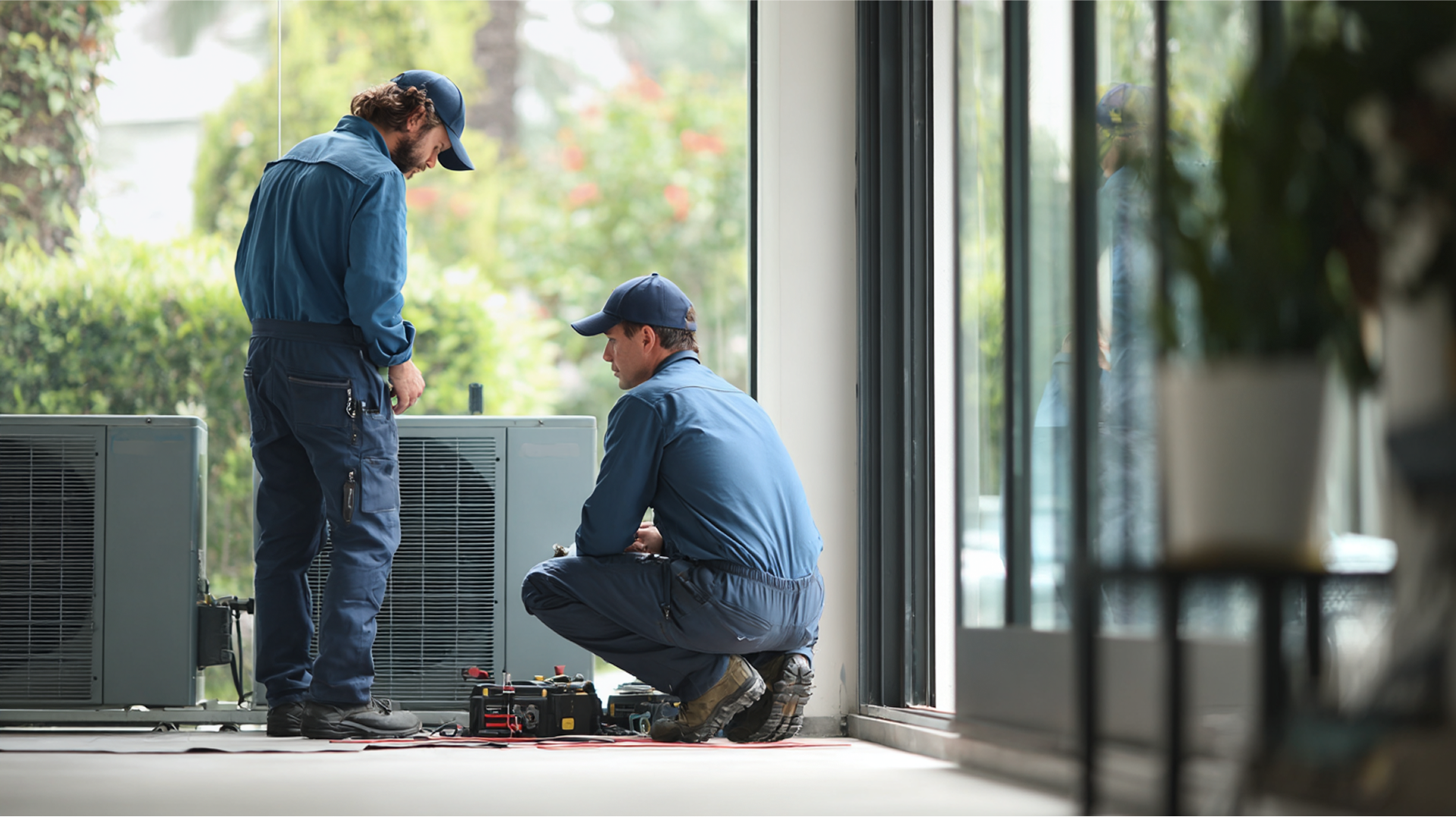 Two technicians in blue coveralls inspect an air conditioning unit near a large window.