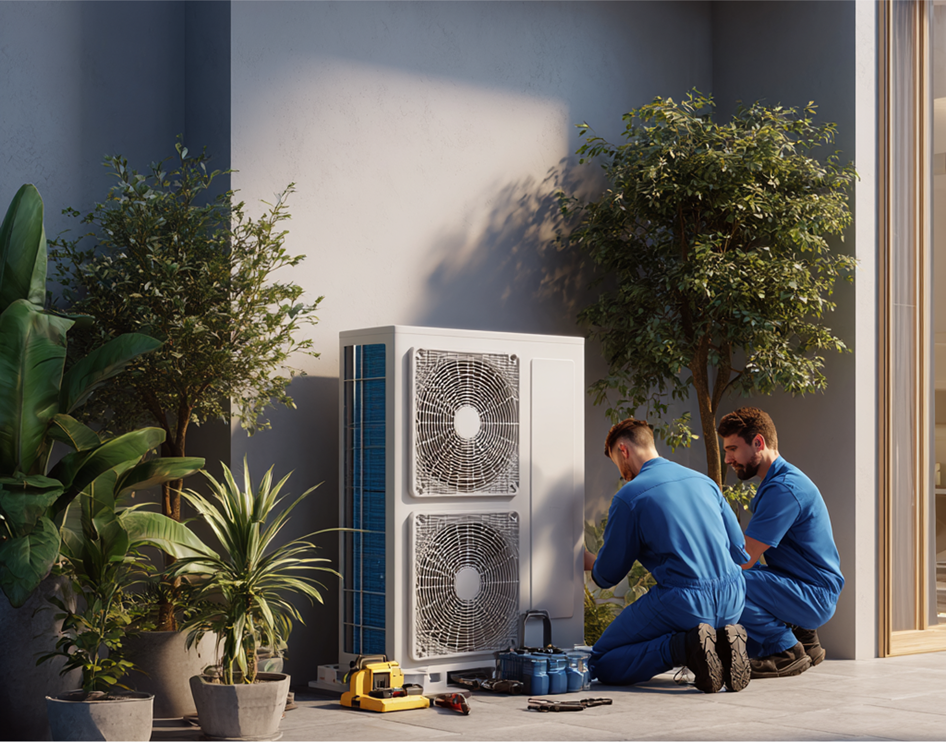 Two technicians in blue coveralls install an outdoor air conditioning unit.