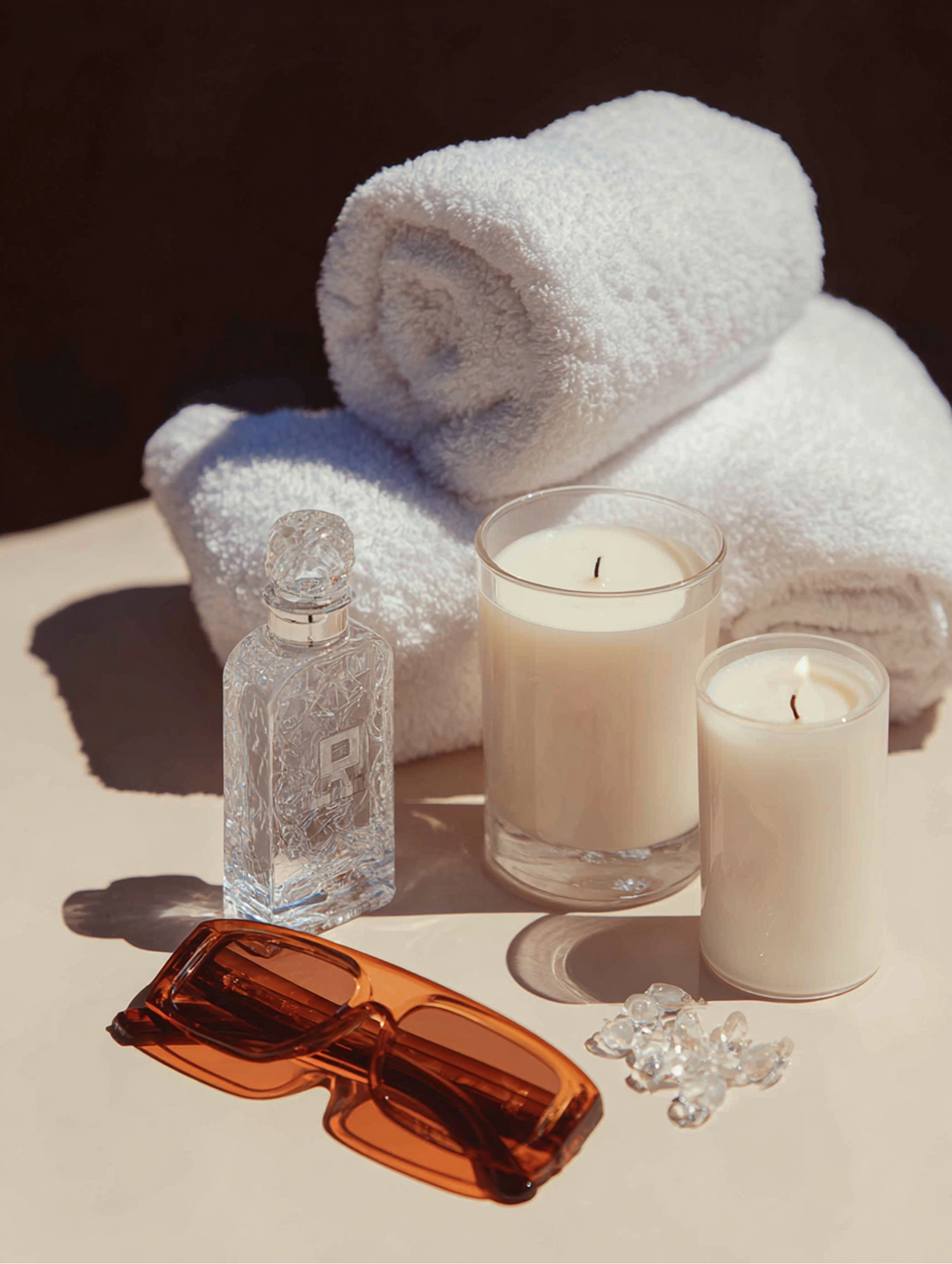 Two white rolled towels, two lit candles, a glass bottle, and brown sunglasses arranged on a neutral surface.